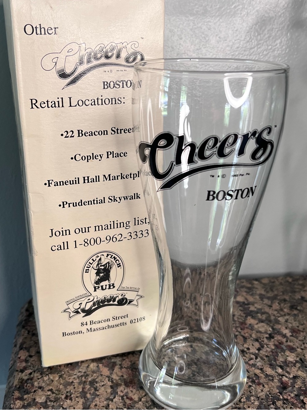 Vintage 90s Cheers Boston Souvenir Pilsner Glass, Clear, Black Logo Box included